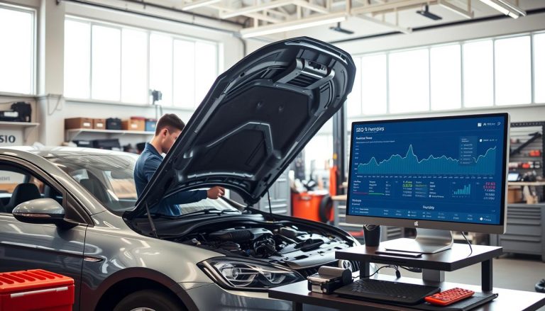 A modern, well-equipped auto body shop, with a busy mechanic inspecting a car's engine under the hood, surrounded by a neatly organized workspace filled with tools and spare parts. The shop's interior is brightly lit, with natural light streaming in through large windows, creating a sense of professionalism and efficiency. In the background, a computer monitor displays analytics and SEO data, highlighting the importance of digital marketing strategies for the success of the auto body business. The overall scene conveys the idea of a thriving, technology-driven auto repair shop that leverages SEO to attract and retain customers.
