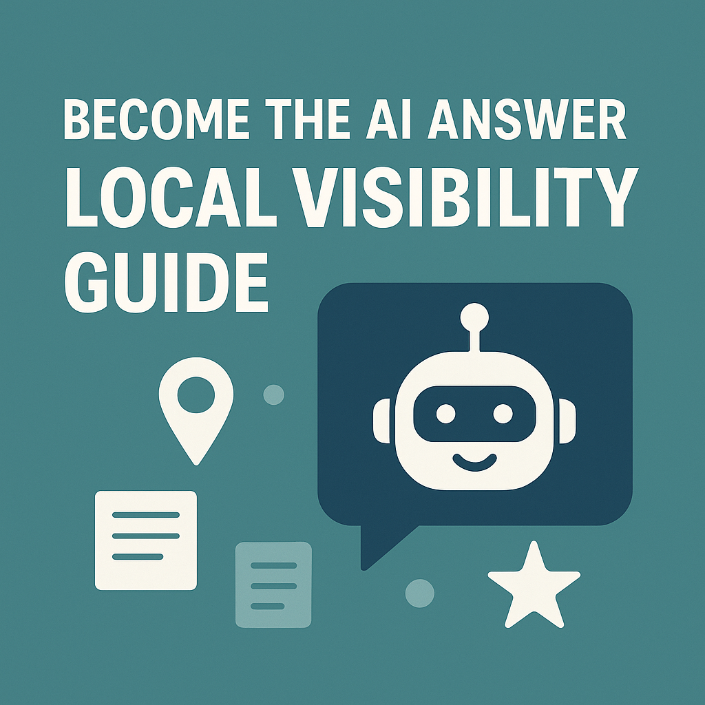 Digital illustration showing a chatbot icon and local business symbols with the text “Become the AI Answer: Local Visibility Guide,” representing how small businesses can improve AI and local search visibility